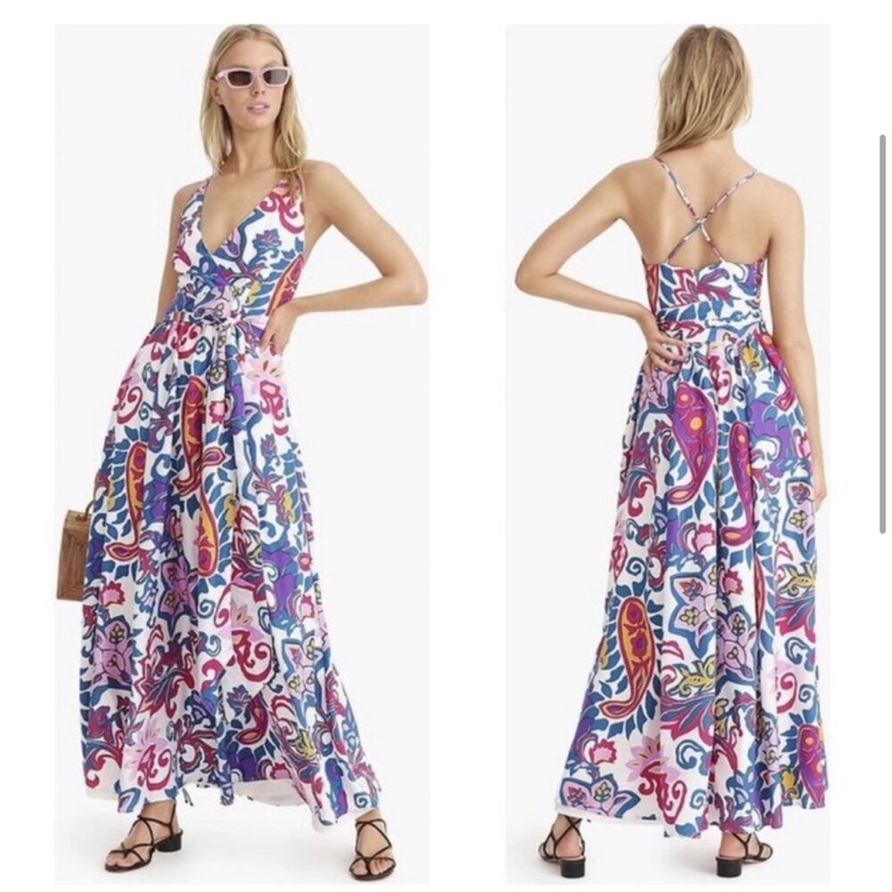 NWT NEW J.Crew Silk V-Neck Maxi Dress in Aja Ivory Painted Paisley Tie Waist - Picture 6 of 13